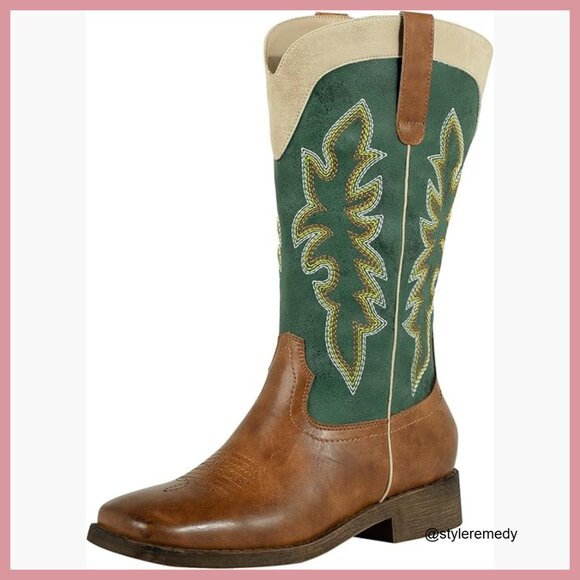 Faux Leather Cowboy Boots with Square Toe and Embroidered Design
